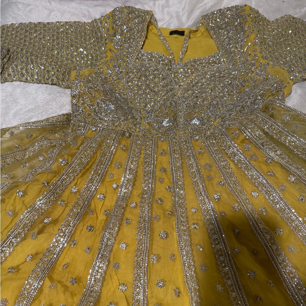 Embroidered Yellow Party Dress with Silver Sequin Detail